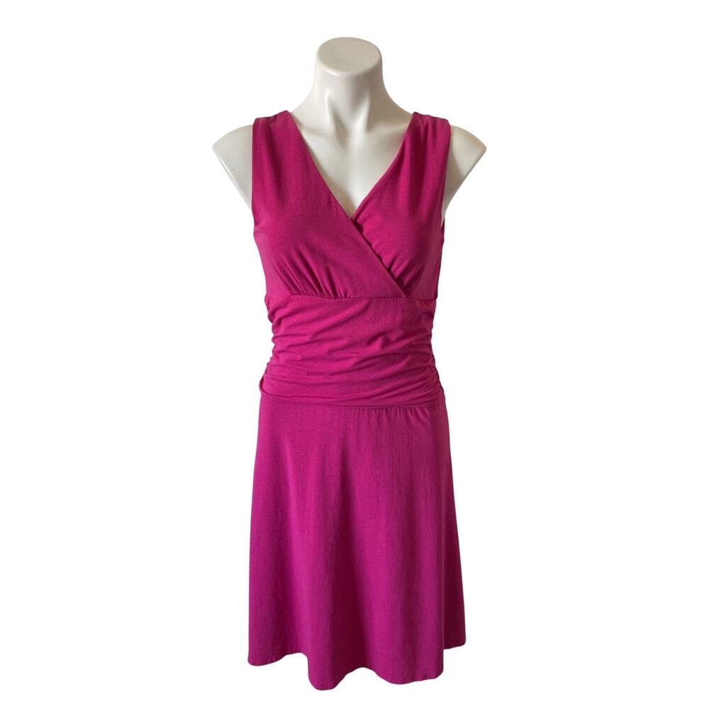 Garnet Hill Sleeveless Knit Dress Surplice Ruched Waist Small Pink Stretch